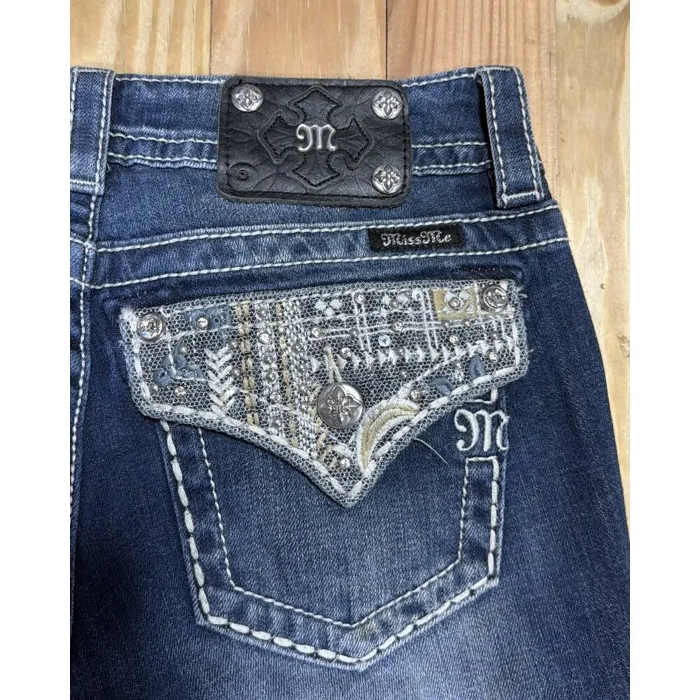 MISS ME Lace-Overlay Back-Flap Pocket Embellished Jeans Size 27